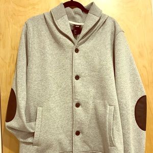 H&M gray cardigan with faux leather elbow patch